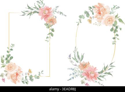 Watercolor set of frames with peach roses, lavender flowers, eucalyptus leaves. Botanical floral border for wedding stationery, greeting cards. Vector Stock Vector