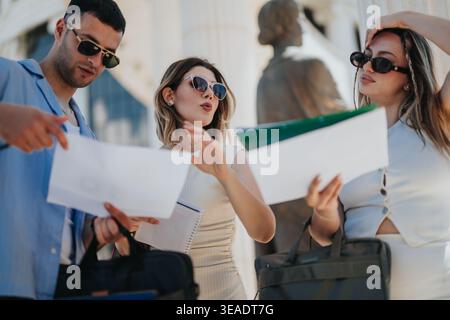 Young colleagues having an outdoor business meeting reviewing documents near a public building Stock Photo