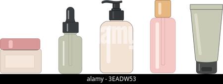 Cosmetic Containers Set – Various Skincare Bottles, Jars and Tubes Stock Vector
