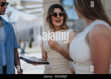Young professionals having a business meeting outdoors while discussing documents on a tablet Stock Photo