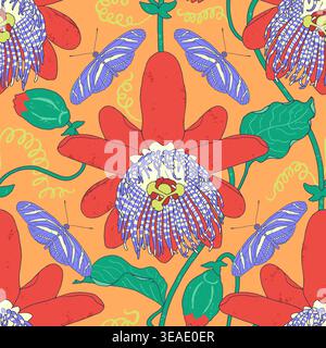 Hothouse seamless pattern with bold red passion flower and blue zebra longwing butterfly. Tropical botanical art with hand drawn floral elements on a Stock Vector
