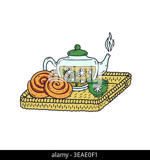 Hand drawn doodle glass tea pot and cinammon buns inside woven rattan tray icon vector illustration Stock Vector