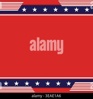 A red square template background with geometric shapes of American flag elements like stripes and stars along the top and bottom edges. Stock Vector