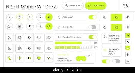 Set of night mode and light mode switch ui interface elements with toggle buttons and minimal design Stock Vector
