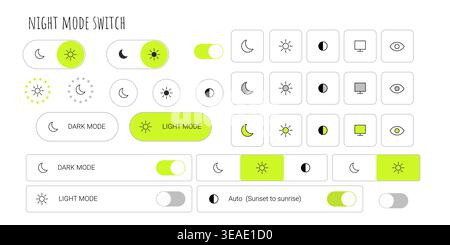 Y2k style night mode and light mode switch ui interface elements set with icons buttons and minimal layout Stock Vector
