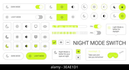 Y2k style night mode switch ui set with light mode toggle interface elements icons and minimal layout Stock Vector