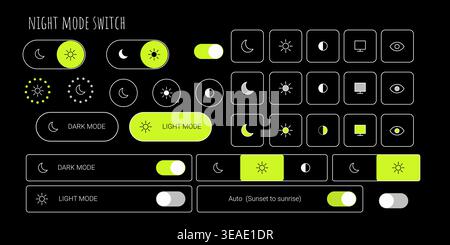 Y2k style night mode switch ui kit with dark theme light mode toggle interface icons and minimal layout Stock Vector