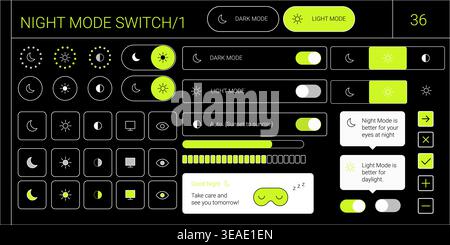 Y2k style dark theme night mode switch ui set with light mode toggle interface elements and neon accents Stock Vector