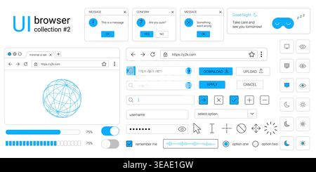 Y2k browser ui kit with retro window interface elements including dialog boxes buttons and desktop web layout components Stock Vector