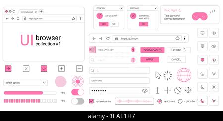 Y2k browser ui kit with retro window interface elements including dialog boxes buttons and pink desktop web layout components Stock Vector