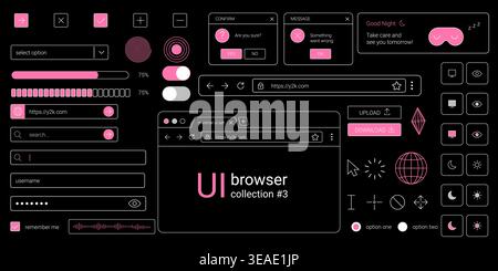 Y2k browser ui kit with retro window interface elements including dialog boxes buttons and dark desktop web layout components Stock Vector