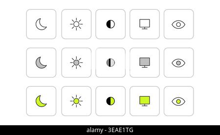 Y2k style ui icon set with night mode and light mode symbols and minimal interface elements in grid layout Stock Vector