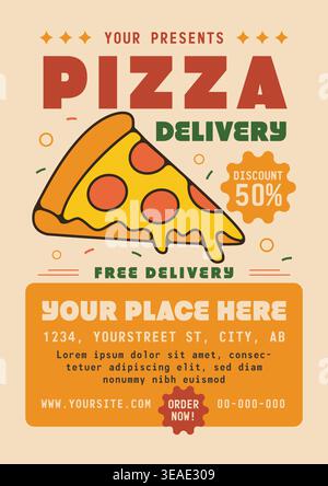 Pizza Delivery Flyer With Free Delivery, Discount and Customizable Restaurant Details. Vector Illustration of Pizza Delivery Flyer Poster Stock Vector