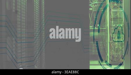 Displaying single server rack on right in data center, showing patch cables, LEDs, HUD, copy space Stock Photo