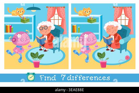 Find seven differences educational game for kids with grandmother and robot. Two similar vector pictures show cozy room with grandma reading book and Stock Vector