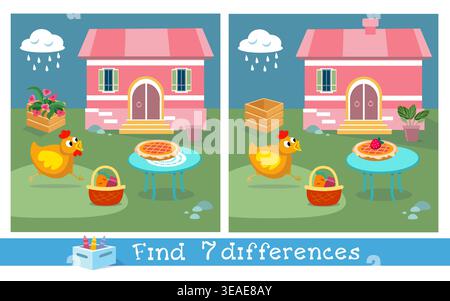 Find seven differences educational game for kids with chicken and house. Two similar vector pictures show funny hen running near pink cottage with pie Stock Vector