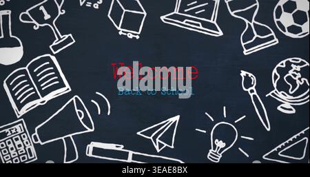 Showing centered red Welcome above blue Back to School sign on chalkboard, with book, laptop, globe Stock Photo