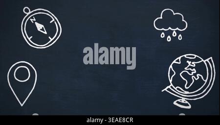 Displaying chalk travel icons around center on chalkboard, with compass, map pin, cloud, globe Stock Photo