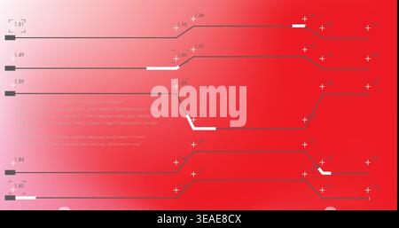 Displaying abstract schematic on artboard, showing dark horizontal lines, black nodes, plus labels Stock Photo