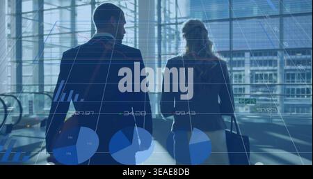 Walking two partners in suits through glass wall lobby, carrying tote and bag, digital overlays Stock Photo