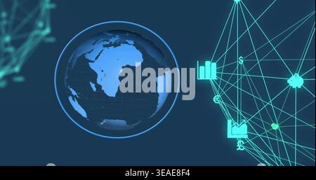 Showing 3D Africa globe glowing left on dashboard, mesh chart briefcase dollar, copy space Stock Photo