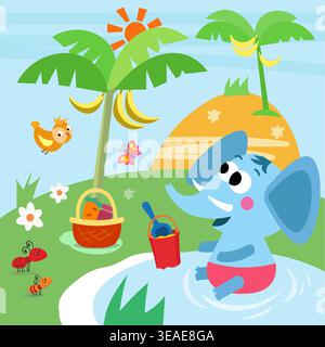 Cute blue elephant character plays in water under tropical palm trees. Friendly baby animal enjoys sunny day at beach with bird butterfly and little Stock Vector