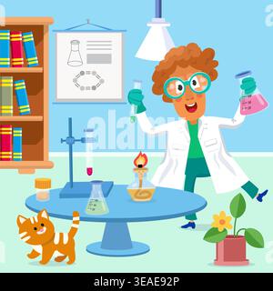 Funny man scientist conducts chemistry experiments in laboratory with ginger cat. Male researcher in white coat and goggles holds flasks with colorful Stock Vector