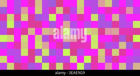 Abstract tiled surface pattern featuring random squares in vibrant shades of pink, purple, and green for a wide geometric mosaic background. Stock Vector