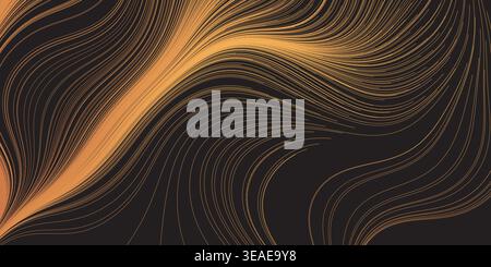 Abstract digital background featuring flowing golden and orange wavy lines sweeping across a dark background. Dense bundles of curved stripes converge Stock Vector