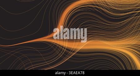 Abstract digital background featuring flowing golden and orange wavy lines sweeping across a dark background. Dense bundles of curved stripes converge Stock Vector