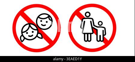 Prohibition signs for children and families featuring red strike parent holding child icons restricted areas and age limit warnings in public places Stock Vector