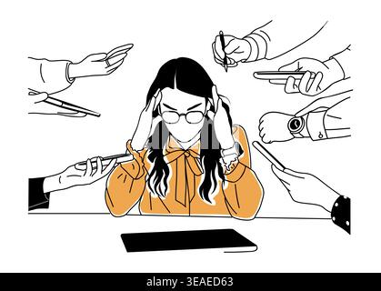 Woman holds head, overwhelmed by multiple actions Stock Vector