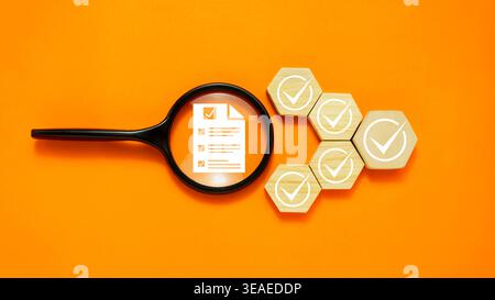 Document Verification Checklist Review with Magnifying Glass on Orange Background, Quality Control, Approval Process and Business Audit Concept. Stock Photo