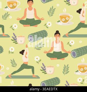 Fresh seamless pattern with yoga meditation and chamomile flowers Stock Vector