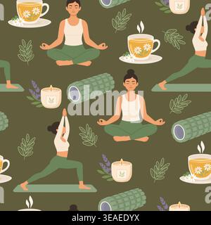 Deep green seamless pattern for wellness yoga and meditation Stock Vector