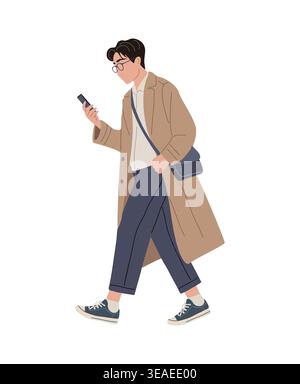 Young man walks, phone in hand, coat flowing Stock Vector