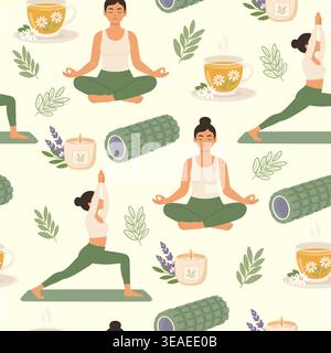 Cozy seamless pattern with yoga elements and herbal tea Stock Vector