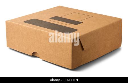 closed blank square brown cardboard cake box isolated white background, black graphics on top of delivery packaging, side view mock-up template Stock Photo