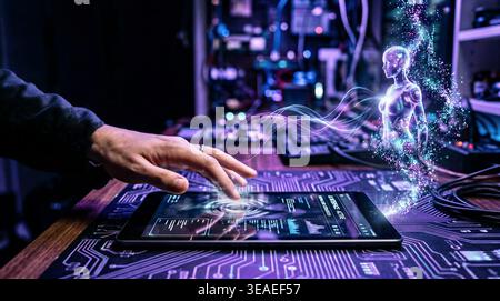 Futuristic AI Voice Support Service Concept with Hand Interacting on Tablet Display Stock Photo