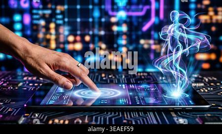 Futuristic AI Voice Support Service Concept with Hand Interacting on Tablet Display Stock Photo