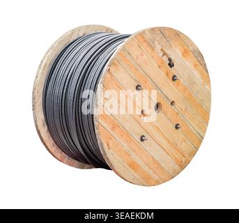 wooden coil with wound armored power cable isolated on white background with clipping path Stock Photo