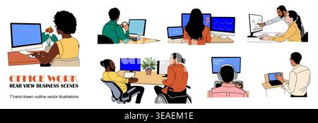 Rear view office work scenes with diverse people Stock Vector