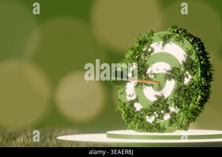 3D render of a foliage covered target with a dart in the center. Represents hitting environmental goals, ESG targets, and corporate success in sustain Stock Photo