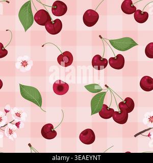 Fresh Juicy Sweet Cherry seamless pattern. Vector illustration in hand-drawn semi-realistic style. Stock Vector
