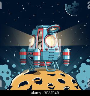 Retro Futuristic Space Lander On Moon Surface Exploration Vector Stock Vector