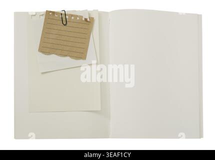 Open Blank Notebook Mockup with Torn white and Kraft Lined Paper Notes, Black Paperclip. Minimal Stationery Flat Lay Isolated on Background. Creative Stock Photo