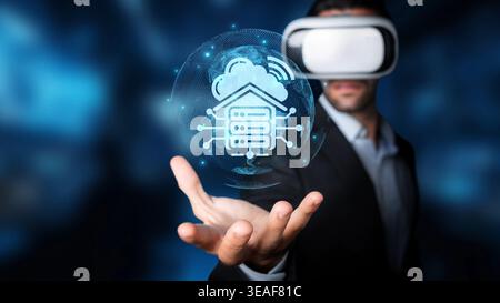 A man wearing a virtual reality headset interacts with a digital representation of cloud computing and data servers, illustrating modern technology co Stock Photo