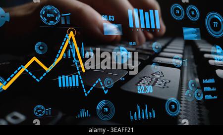 Close-up image features hands typing on a keyboard, emphasizing data analysis through overlays of graphs and metrics, capturing the essence of modern Stock Photo