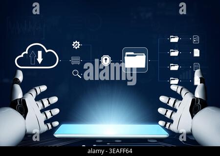 Futuristic Robot Hands Interacting with Cloud Technology and Data Security Concepts on a Digital Background Quark. Stock Photo