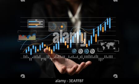 A business professional illustrates financial growth through vibrant animated graphs and charts, emphasizing modern technology and data analysis in a Stock Photo